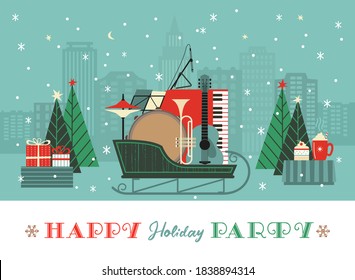 Fancy winter Holiday hand drawn vector poster. Musical instruments in Christmas sleigh cartoon design element, retro color minimal style. Winter New Year holidays season event background illustration