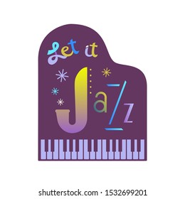 Fancy winter holiday poster. Christmas Jazz music fest colorful vector icon. Piano sign christmas fun quote lettering Let is Jazz design element. Vintage New year musical event background illustration