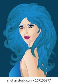 Fancy woman with long curly blue hair and eyes.
