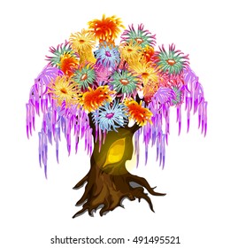 Fancy wood, covered with coelenterates mollusks with colorful tentacles. Vector illustration.