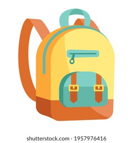 Fancy yellow and blue backpack isolated on white background. Cute school backpack with little pocket on belts on the back side. Flat cartoon vector illustration