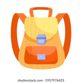 Fancy yellow and orange backpack isolated on white background. Cute school backpack with little pocket on the back side. Flat cartoon vector illustration