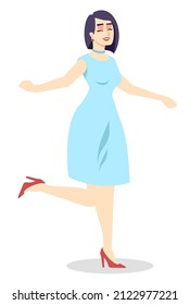 Fancy young woman semi flat RGB color vector illustration. Joyful woman in fashionable blue dress isolated cartoon character on white background