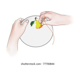 Fancywork. Vector illustration of fingers of young woman with needle. Cross embroidery.