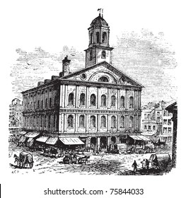 Faneuil Hall or The Cradle of Liberty, Boston, Massachusetts, USA vintage engraving.  Old engraved illustration of building exterior svg