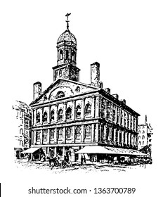 Faneuil Hall located in Boston,Massasschusetts is a market place since 1743 vintage line drawing.