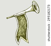 Fanfare with a flag. Musical instrument. Vector Image