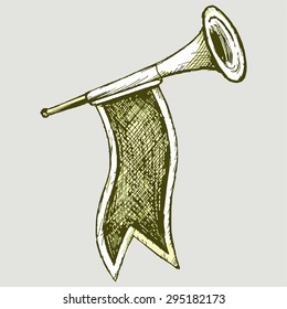 Fanfare with a flag. Musical instrument. Vector Image