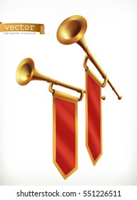 Fanfare. Gold trumpet, 3d vector icon