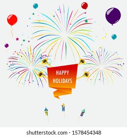 Fanfare and greeting confetti, rockets and balloons and ribbons. Vector illustration