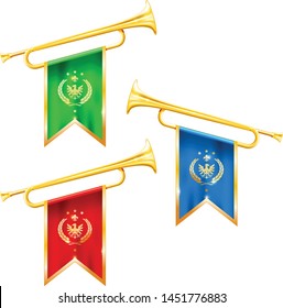 Fanfare trumpets with flags, glory and fame symbol, silver anв gold trumpets 