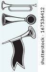 Fanfare and wind musical instrument isolated on blue batskground