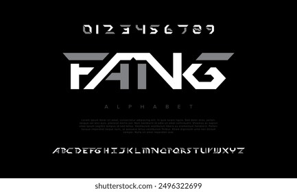 Fang creative modern geometric urban alphabet font. Digital abstract futuristic, game, techno, robot, music, logo, sport, minimal technology typography. Simple numeric vector illustration