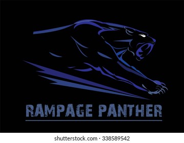 fang face muscular panther, roaring and crawling in the dark. blue line art over the black background. glowing exotic panther. black panther with the lighting eye.