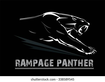fang face muscular panther, roaring and crawling in the dark. white line art on the black background. exotic panther.