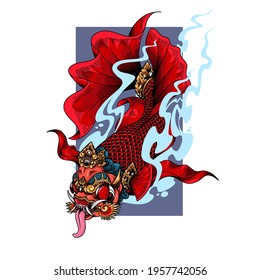 Fanged Betta Fish with Balinese carving design artwork for logos, clothing or T-shirt designs