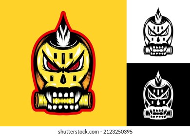 fanged skull monster illustration. suitable for mascots, logos, icons, symbols and t-shirt designs. yellow, black and white