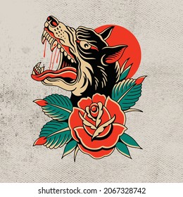 fanged wolf head and red rose tattoo design