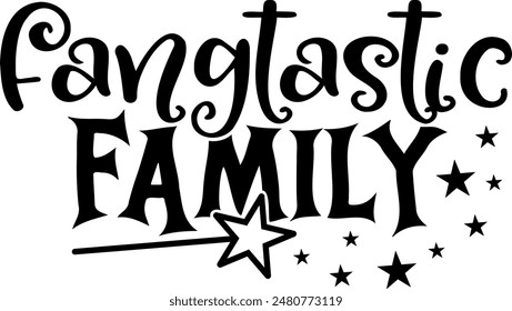 Fangtastic family. Halloween party lettering logo phrase. Black design element. Fashion design. Vector font illustration.