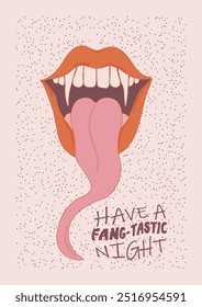 Fang-tastische Schrift. Paket, Karte, Plakatparty, T-Shirt minimalistisches Design mit Vampircharakter mit offenem Mund, langer Zunge, Reißzähnen. Halloween-Illustration, Vektor eps10 einzeln.