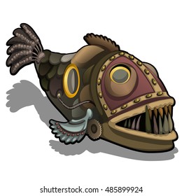 Fangtooth fish in the style of steam punk isolated on white background. Cartoon vector close-up illustration.