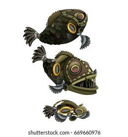 Fangtooth fish in the style of steam punk and spare parts isolated on a white background. Cartoon vector close-up illustration.