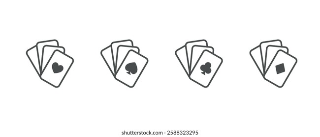 Fanned Playing Cards Icon Set. Thin Line Illustration of Poker Hands with Heart, Spade, Club, and Diamond Suits for Gambling and Casino Games. Isolated Vector Symbols.