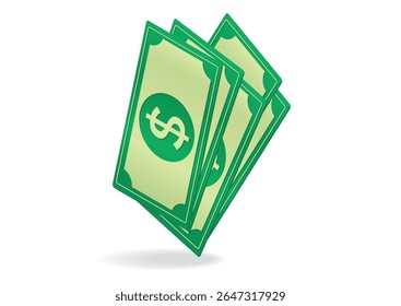 Fanned stack of three green dollar bills prominently displaying a dollar sign, symbolizing cash flow and financial transactions with a clean background