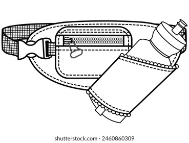 bolso de la riñonera con el sostenedor de la botella de agua Ilustración vectorial plana del boceto. ciclismo, bolso de running Plantilla técnica del dibujo del cad