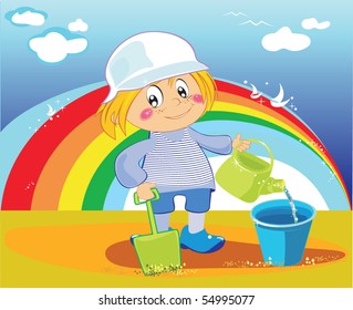 Fanny boy in the beach with rainbow