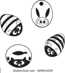Fanny cartoon animals in the shape of a ball circle. Bee, ladybug, cat, fish, hare. Vector black and white contour illustration.