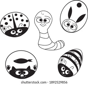 Fanny cartoon animals in the shape of a ball circle. Bee, ladybug, cat, fish, hare. Vector black and white contour illustration.