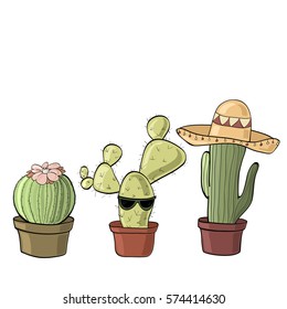 fanny cartoon cactus set. cactus-girl, gangster-cactus and Mexican cactus.