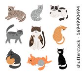 Fanny cartoon cats in different poses. Domestic cats sleeping and walking, sitting and playing, happy and sad kitten vector icons on white background