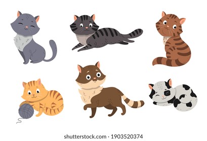 Fanny cartoon cats in different poses. Domestic cute cats sleeping and walking, sitting and playing. Set of flat cartoon vector illustrations isolated on white background