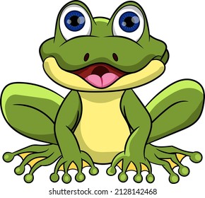 Fanny cartoon frog with cute eyes looking, smiling and sitting in a front side. Vector illustration isolated on white background. Good for cartoon props, nature decoration and gamedev character