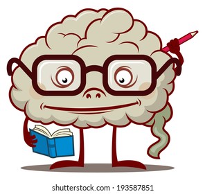 Fanny cartoon smart brain in glasses reading the book.