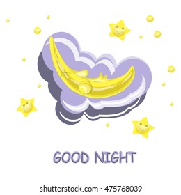 Fanny cartoon vector illustration Good Night, yellow sleeping moon and smiling stars,  purple clouds on white