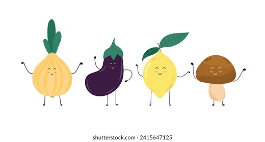 Fanny cartoon vegetables set on isolated background. Happy onion, lemon, mushroom, aubergine. For cartoon characters, comics, books.