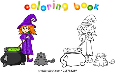 Fanny cartoon witch cooking a potion in a cauldron. Coloring book for children