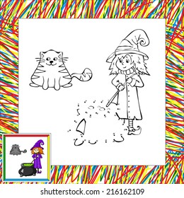 Fanny cartoon witch cooking a potion in a cauldron dot to dot