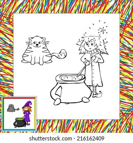 Fanny cartoon witch cooking a potion in a cauldron. Coloring book for children dot to dot