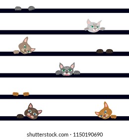 Fanny cats on the stripped pattern. Trendy textile design for children. On white background.
