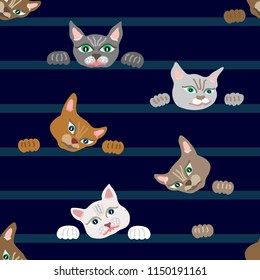Fanny cats on the stripped pattern. Trendy textile design for children. On dark background.
