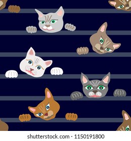 Fanny cats on the stripped pattern. Trendy textile design for children. On indigo background.