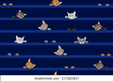 Fanny cats on the wide stripped pattern. Trendy textile design for children. On dark blue background.