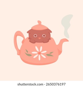 Fanny and cosy illustration of a cat looking out of a teapot in warm, pastel, brown and beige colours. Perfect for stickers, greeting cards, autumn decor, or social media graphics, print, stationery