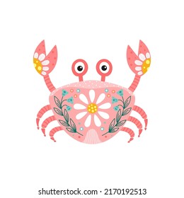 Fanny crab with floral pattern in pink and turquoise color isolated on white background. Vector Illustration. Cartoon illustration for kids clothes, greeting card or poster. 