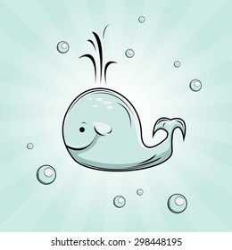 Fanny and cute blue whale with bubbles