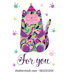 Fanny cute mosaic cat on white background postcard for you